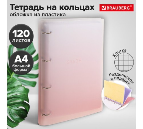 Тетрадь на кольцах БОЛЬШАЯ 305х235 мм А4, 120 л., пластик, с разделителями, BRAUBERG, Красный, 404626