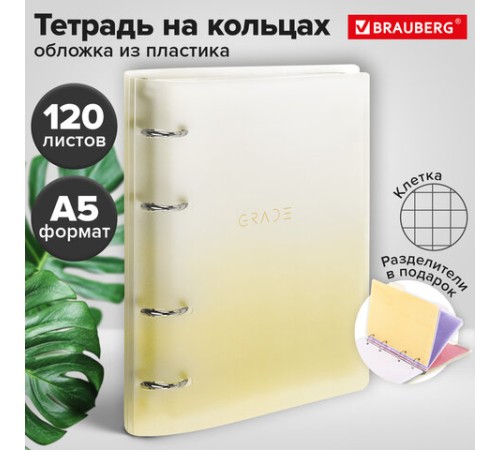Тетрадь на кольцах А5 175х220 мм, 120 л., пластик, с разделителями, BRAUBERG, Желтый, 404628