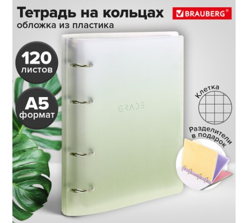 Тетрадь на кольцах А5 175х220 мм, 120 л., пластик, с разделителями, BRAUBERG, Зеленый, 404629