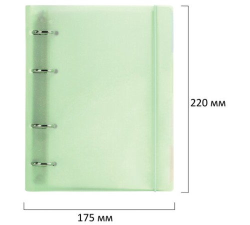 Тетрадь на кольцах А5 175х220 мм, 120 л., пластик с блестками, с резинкой и разделителями, BRAUBERG, Зеленый, 404632