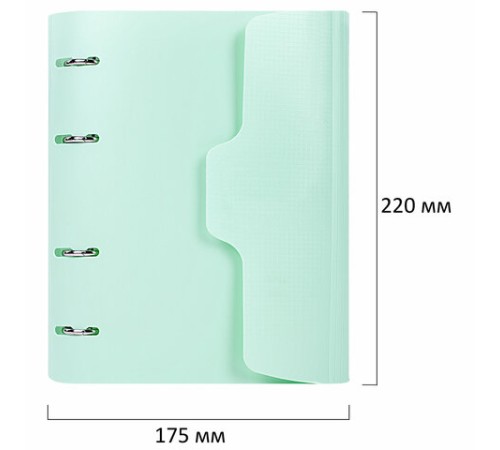 Тетрадь на кольцах А5 175х220 мм, 120 л., пластик, на липучке, с разделителями, BRAUBERG, Мятный, 404638