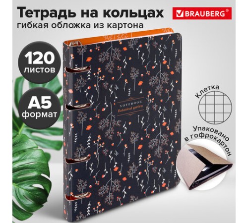 Тетрадь на кольцах А5 160х212 мм, 120 листов, картон, выборочный лак, клетка, BRAUBERG, 