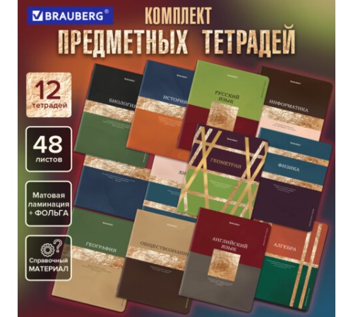 Тетради предметные, КОМПЛЕКТ 12 ПРЕДМЕТОВ, 48 л., матовая ламинация, фольга, BRAUBERG 