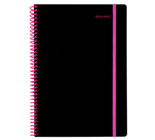 Тетрадь обложка пластик, А4 80 л., спираль пластик, резинка, клетка, BRAUBERG, черный/розовый, 405380
