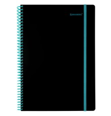 Тетрадь обложка пластик, А4 80 л., спираль пластик, резинка, клетка, BRAUBERG, черный/синий, 405381