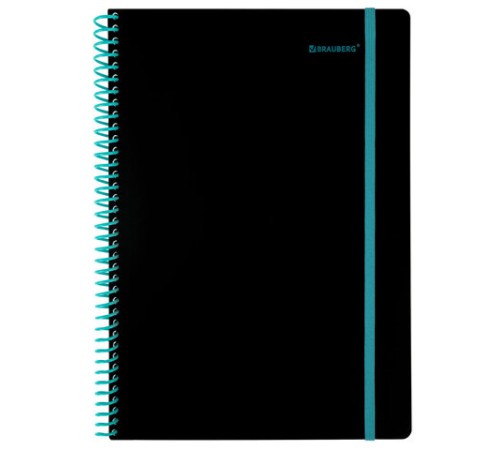 Тетрадь обложка пластик, А4 80 л., спираль пластик, резинка, клетка, BRAUBERG, черный/синий, 405381