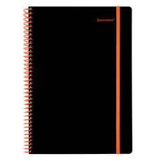 Тетрадь обложка пластик, А4 80 л., спираль пластик, резинка, клетка, BRAUBERG, черный/оранжевый, 405382