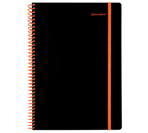 Тетрадь обложка пластик, А4 80 л., спираль пластик, резинка, клетка, BRAUBERG, черный/оранжевый, 405382