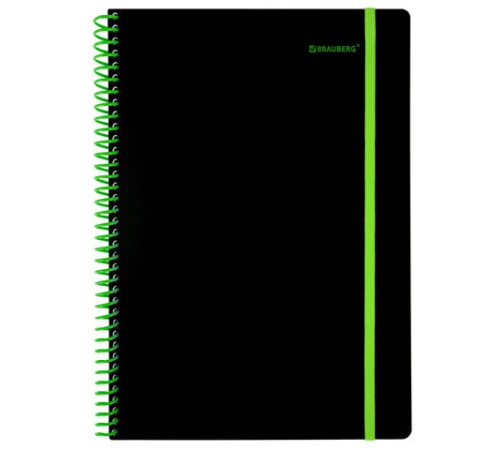 Тетрадь обложка пластик, А4 80 л., спираль пластик, резинка, клетка, BRAUBERG, черный/зеленый, 405383