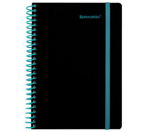 Тетрадь обложка пластик, А5 80 л., спираль пластик, резинка, клетка, BRAUBERG, черный/синий, 405385