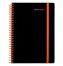 Тетрадь обложка пластик, А5 80 л., спираль пластик, резинка, клетка, BRAUBERG, черный/оранжевый, 405386