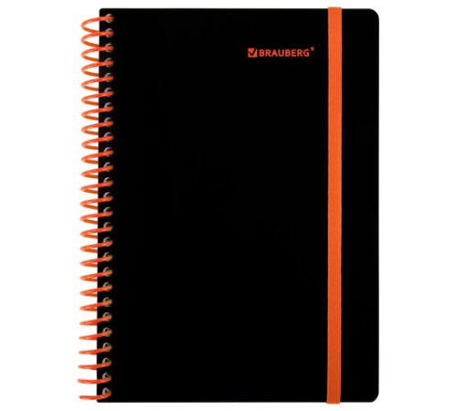 Тетрадь обложка пластик, А5 80 л., спираль пластик, резинка, клетка, BRAUBERG, черный/оранжевый, 405386