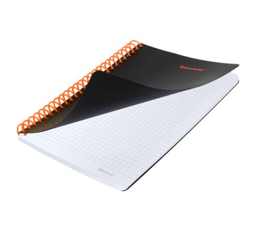 Тетрадь обложка пластик, А5 80 л., спираль пластик, резинка, клетка, BRAUBERG, черный/оранжевый, 405386