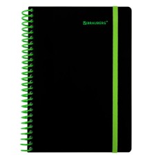 Тетрадь обложка пластик, А5 80 л., спираль пластик, резинка, клетка, BRAUBERG, черный/зеленый, 405387