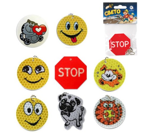 Брелок-подвеска СВЕТООТРАЖАЮЩИЙ, 50 мм, пластик, с рисунком, АССОРТИ