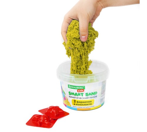 Песок для лепки кинетический BRAUBERG KIDS, желтый, 500 г, 2 формочки, ведерко, 665091