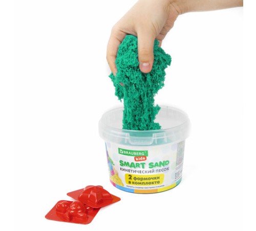 Песок для лепки кинетический BRAUBERG KIDS, изумрудный, 500 г, 2 формочки, ведерко, 665092
