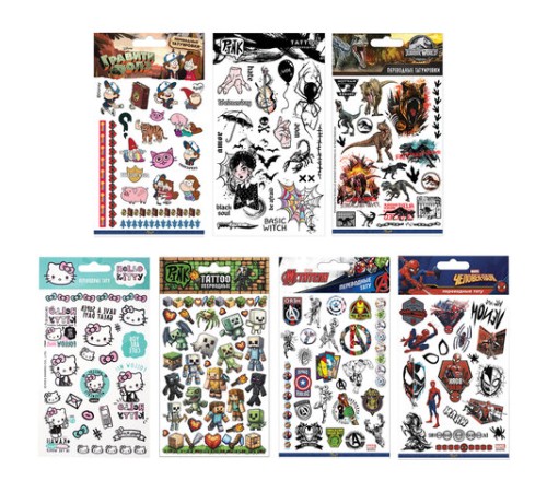 Наклейки-тату переводные АССОРТИ, ЦВЕТНЫЕ, 11х20 см, PY