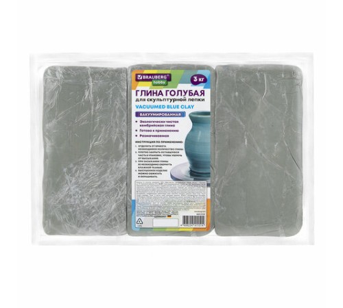 Глина для лепки голубая, 3 кг, вакуумированная, готовая, размачиваемая, BRAUBERG HOBBY, 665358