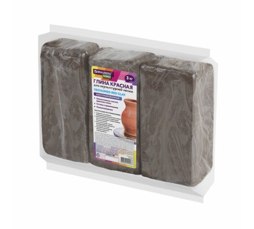 Глина для лепки красная, 3 кг, вакуумированная, готовая, размачиваемая, BRAUBERG HOBBY, 665360