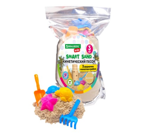 Песок для лепки кинетический, цвет песочный, 3000 г, 3 формочки, лопатка, грабли, BRAUBERG KIDS, 666004