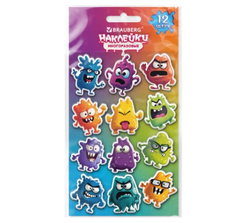 Наклейки зефирные кросс-серия МОНСТРИКИ, многоразовые, 10х15 см, BRAUBERG, 666055