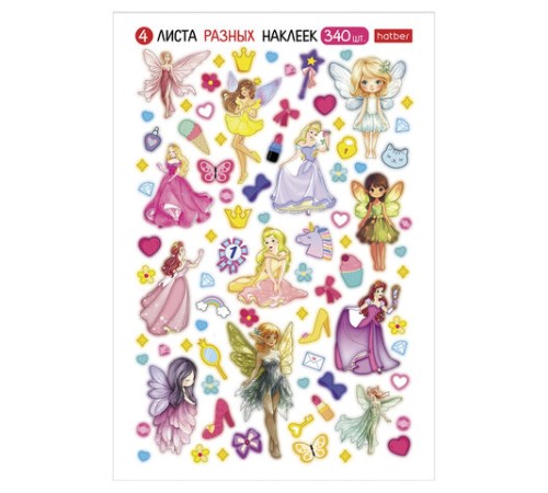 Наклейки бумажные для девочек, НАБОР 4 листа, 336 наклеек, HATBER, 4Н5н