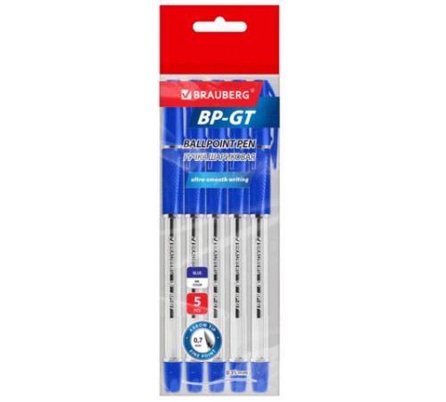 Ручки шариковые BRAUBERG BP-GT, НАБОР 5 ШТУК, СИНИЕ, пишущий узел 0,7 мм, линия письма 0,35 мм, 144509