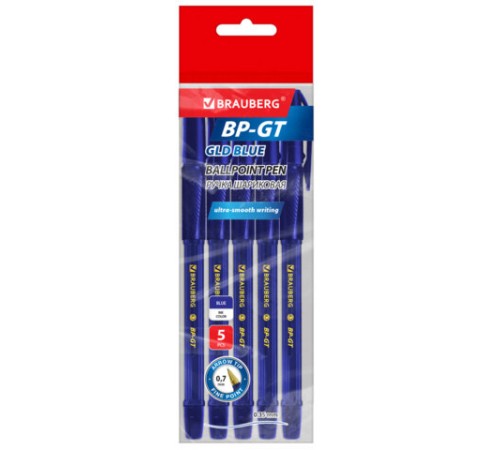 Ручки шариковые BRAUBERG BP-GT GLD BLUE, НАБОР 5 ШТУК, СИНИЕ, пишущий узел 0,7 мм, линия письма 0,35 мм, 144511