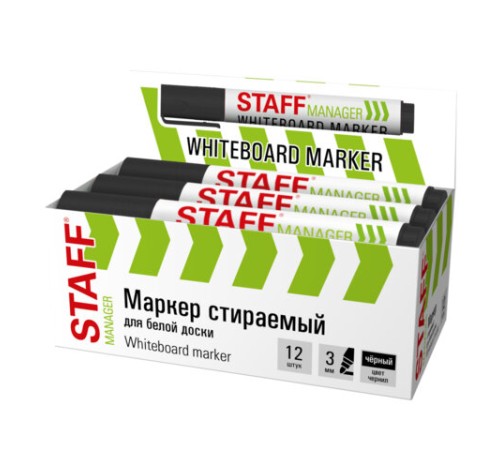Маркер стираемый для белой доски, ЧЕРНЫЙ, STAFF 