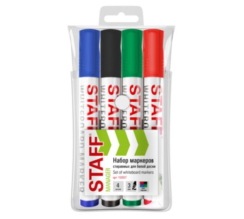 Маркеры стираемые для белой доски, НАБОР 4 ЦВЕТА, STAFF 
