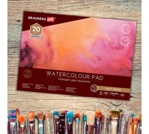 Папка для акварели/планшет, 300 г/м2, 270х390 мм, склейка, мелкое зерно, 20 л., BRAUBERG ART PREMIERE, 113249