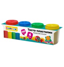 Тесто-пластилин для лепки СУПЕР ПЛАСТИЧНОЕ, 4 цвета, 200 г, крышки-штампики, BAMBOX (БАМБОКС), 107247