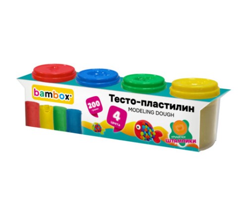 Тесто-пластилин для лепки СУПЕР ПЛАСТИЧНОЕ, 4 цвета, 200 г, крышки-штампики, BAMBOX (БАМБОКС), 107247