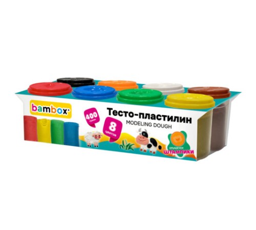 Тесто-пластилин для лепки СУПЕР ПЛАСТИЧНОЕ, 8 цветов, 400 г, крышки-штампики, BAMBOX (БАМБОКС), 107248