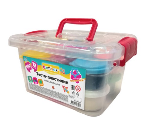 Тесто-пластилин для лепки СУПЕР ПЛАСТИЧНОЕ, 12 цветов, 600 г, в пластиковом контейнере, формочки, BAMBOX (БАМБОКС), 107252