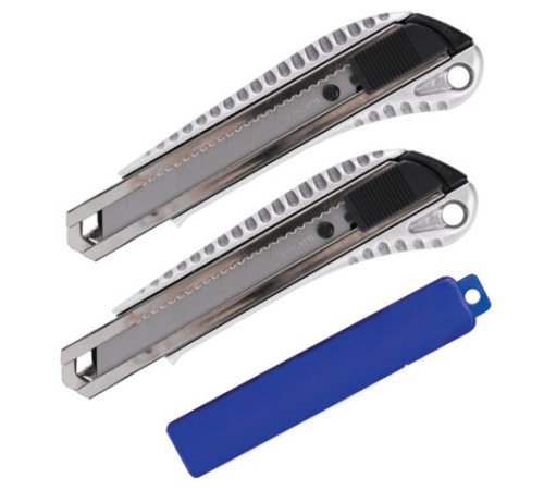 Нож канцелярский 18 мм, КОМПЛЕКТ 2 штуки + 10 ЛЕЗВИЙ, BRAUBERG Metallic, металлический корпус, 273929