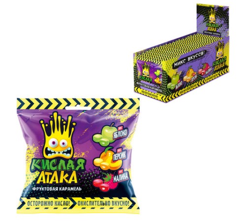 Карамель леденцовая КИСЛАЯ АТАКА, ассорти вкусов (яблоко, персик, малина), 40 г, KA-4-1