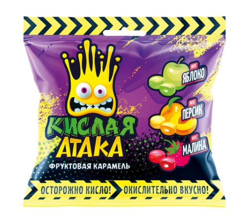 Карамель леденцовая КИСЛАЯ АТАКА, ассорти вкусов (яблоко, персик, малина), 40 г, KA-4-1