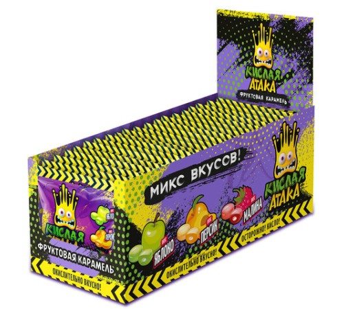 Карамель леденцовая КИСЛАЯ АТАКА, ассорти вкусов (яблоко, персик, малина), 40 г, KA-4-1