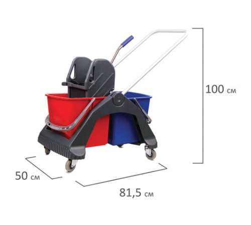 Тележка уборочная BRABIX, 2 съемных ведра 30 л, механический отжим, пластиковый каркас, фиксирующаяся ручка, 606661