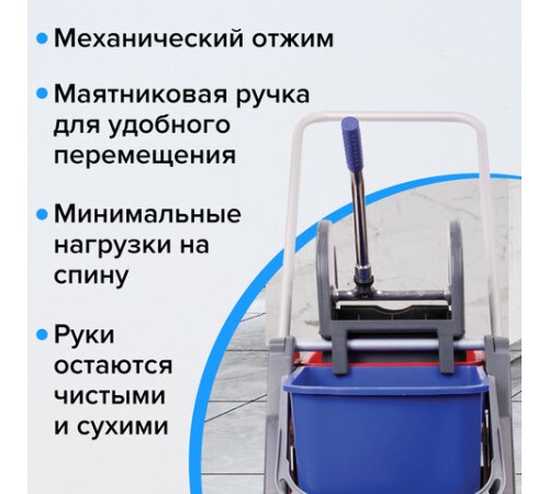 Тележка уборочная BRABIX, 2 съемных ведра 30 л, механический отжим, пластиковый каркас, фиксирующаяся ручка, 606661