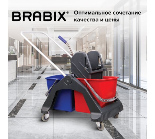 Тележка уборочная BRABIX, 2 съемных ведра 30 л, механический отжим, пластиковый каркас, фиксирующаяся ручка, 606661