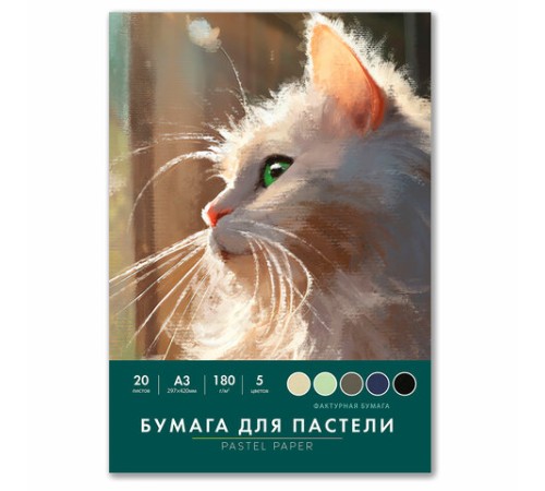 Бумага для пастели БОЛЬШАЯ А3 в папке, 20 листов 5 цветов, 180 гр/м2, BRAUBERG ART CLASSIC, 116346