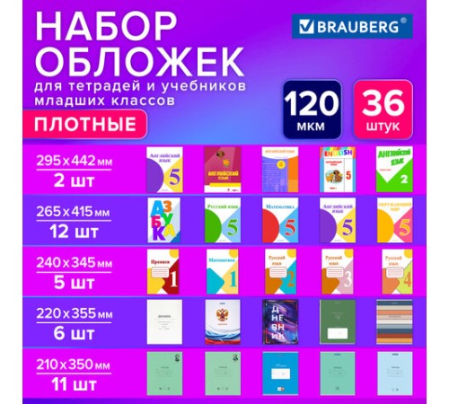 Обложки ПВХ для тетрадей и учебников младших классов, НАБОР 36 шт., ПЛОТНЫЕ, 120 мкм, универсальные, прозрачные, BRAUBERG, 274115
