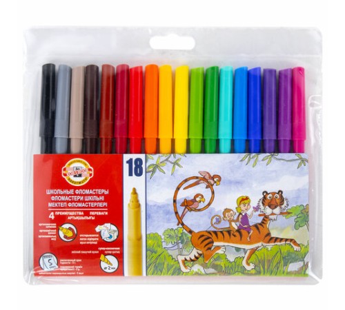 Фломастеры KOH-I-NOOR, 18 цветов, смываемые, трехгранные, пластиковая упаковка, европодвес, 771002AH04TERU