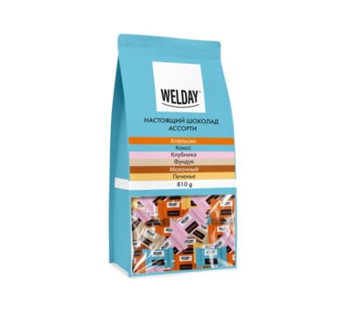 Шоколад порционный WELDAY (ВЭЛДЭЙ) Ассорти 6 вкусов, 810 г (54 плитки по 15 г), пакет, 622409