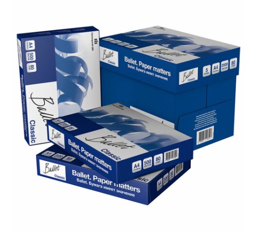Бумага офисная А4, 80 г/м2, 500 л., марка В, BALLET CLASSIC, Россия, 153% (CIE)