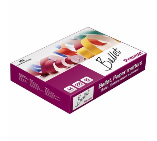 Бумага офисная А4, 80 г/м2, 500 л., марка А, BALLET PREMIER, Россия, 160% (CIE)