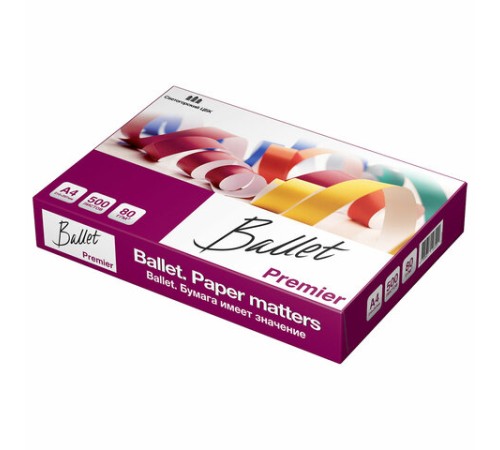 Бумага офисная А4, 80 г/м2, 500 л., марка А, BALLET PREMIER, Россия, 160% (CIE)